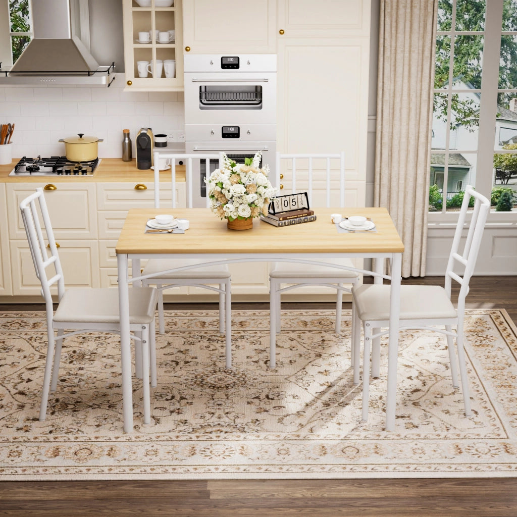 Tavolo da pranzo per 4 persone con 4 sedie, stile industriale, per cucina e soggiorno, in truciolato e acciaio, naturale