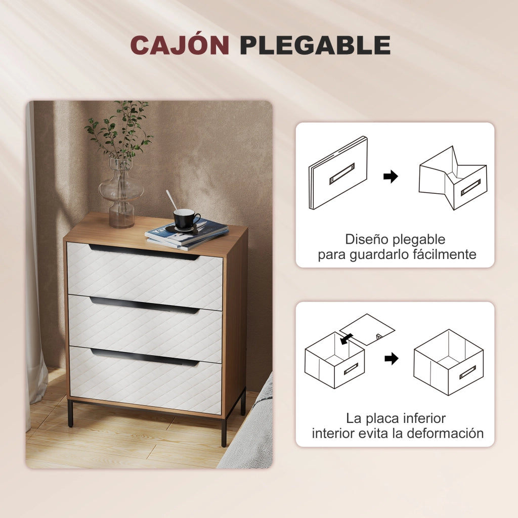 Com¨° con 3 Cassetti in Tessuto Effetto Diamantato ¨C Zephmum ¨C Bianco e Naturale 60x40x40