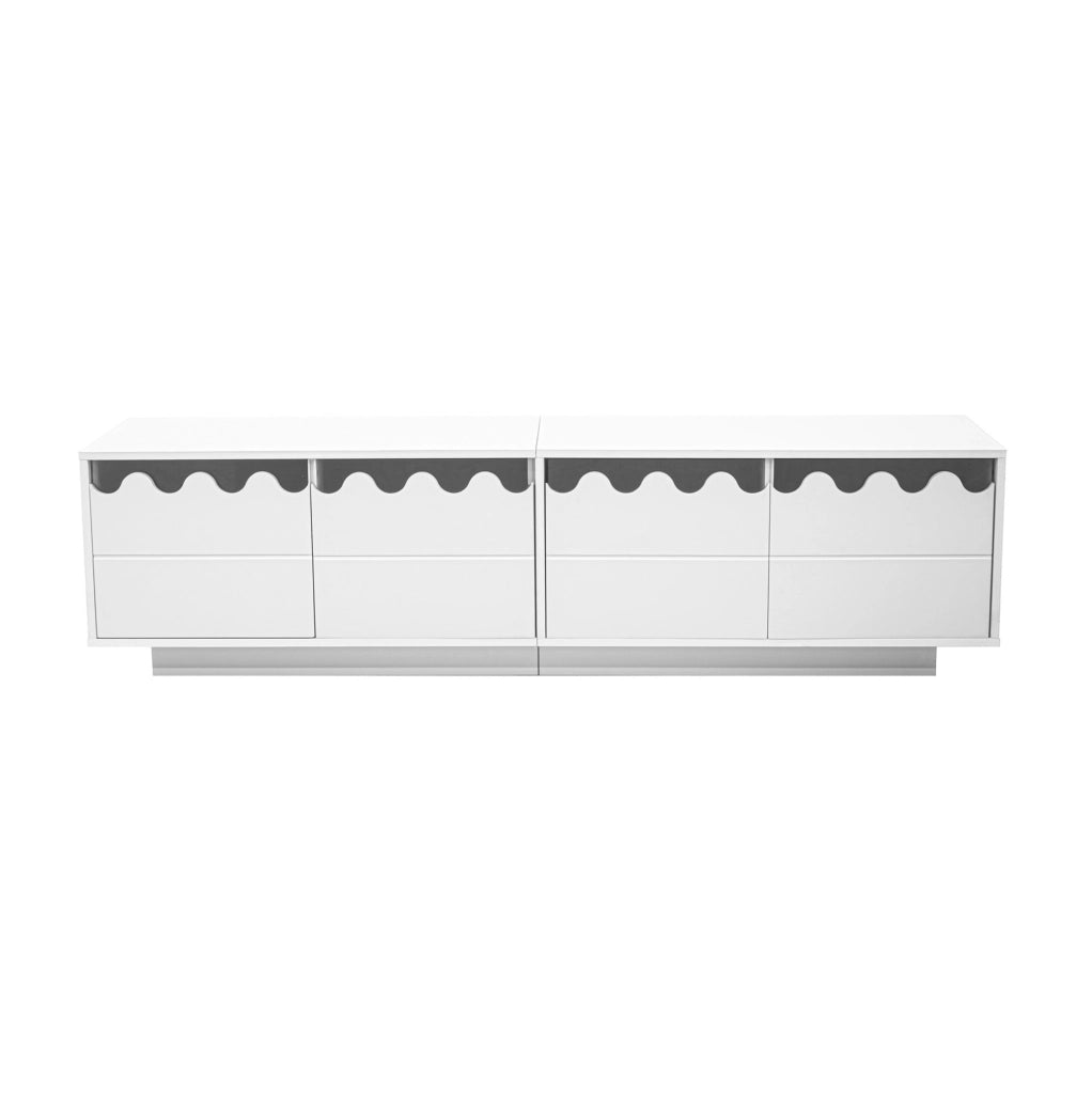 Mobile TV 170x40x45 cm con 4 ante e design ondulato in MDF e pannello truciolare bianco