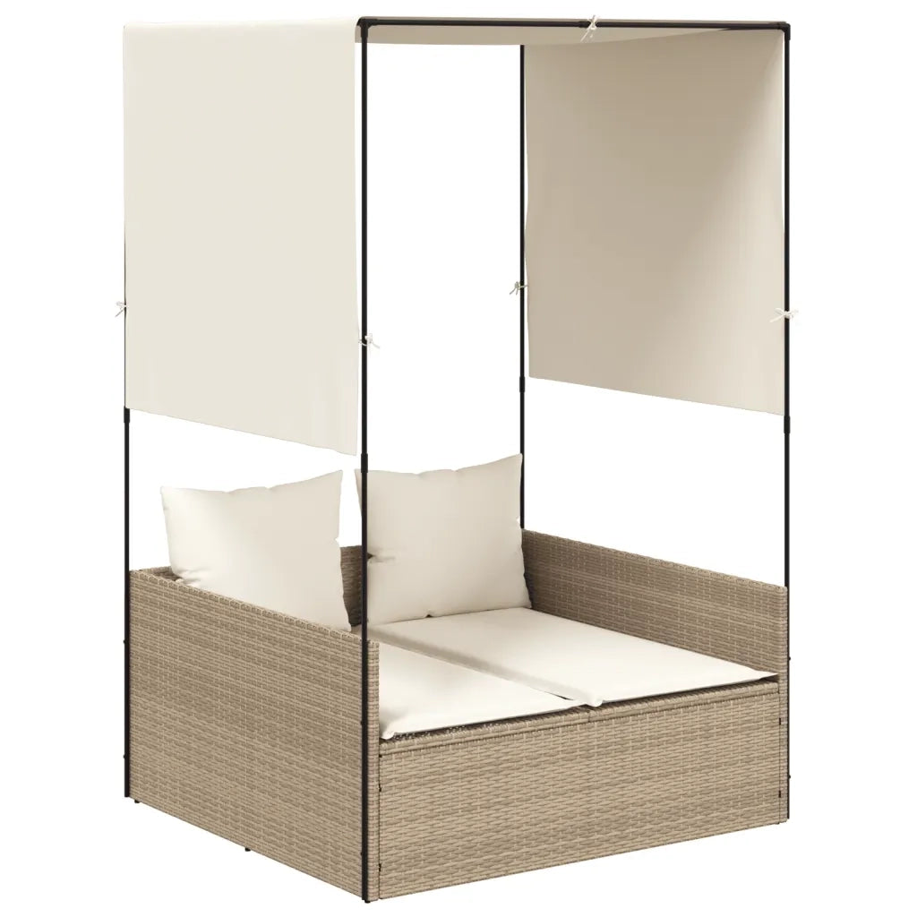 Lettino Prendisole con Tetto e Tende Beige in Polyrattan 4002759