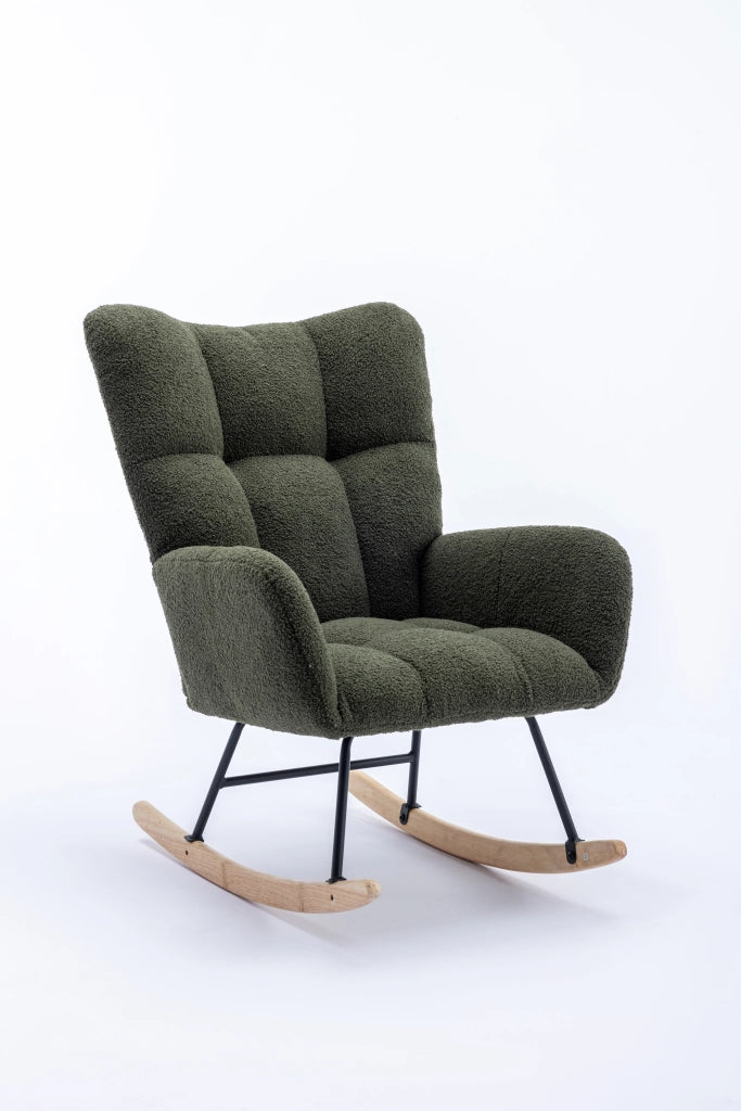 Sedia a dondolo in tessuto teddy con design ergonomico, braccioli e base in legno massello verde scuro