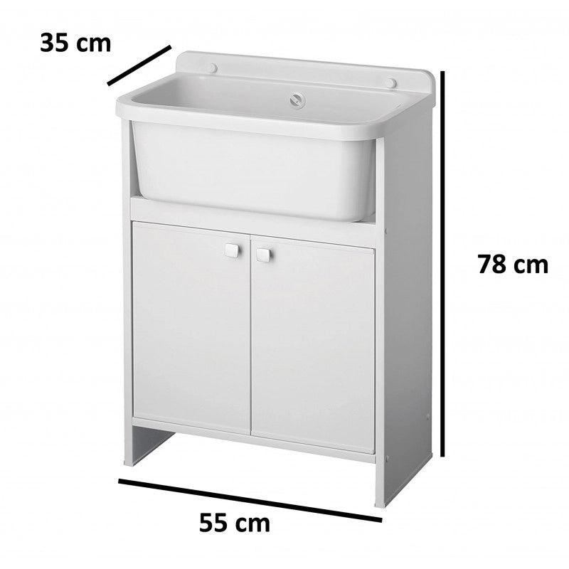 Negrari Lavatoio Salvaspazio in Resina, Vasca resistente agli acidi, Resistente all'umidità, Kit di scarico incluso, Interno e Esterno, L55 x P35 x H80 cm, Bianco