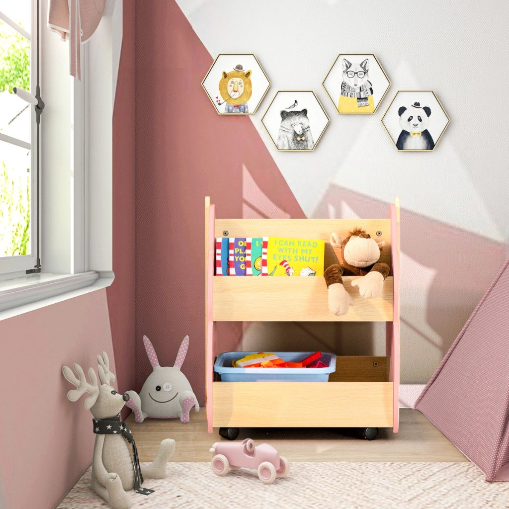 Libreria in legno per bambini con organizzatore di libri, Scaffale di stoccaggio a 2 livelli 52x46x62,5cm Rosa