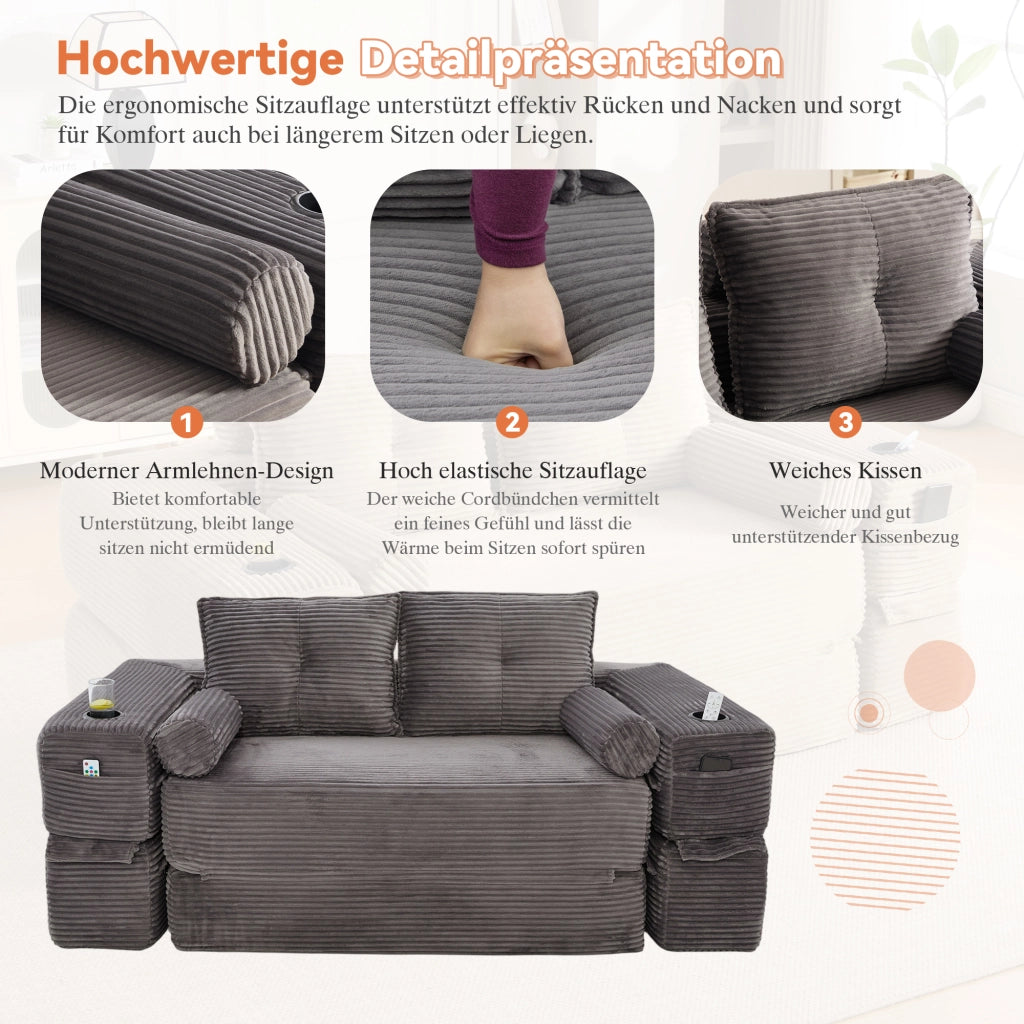 DIVANO Letto pieghevole 180x98x80 cm in corduroy Grigio scuro