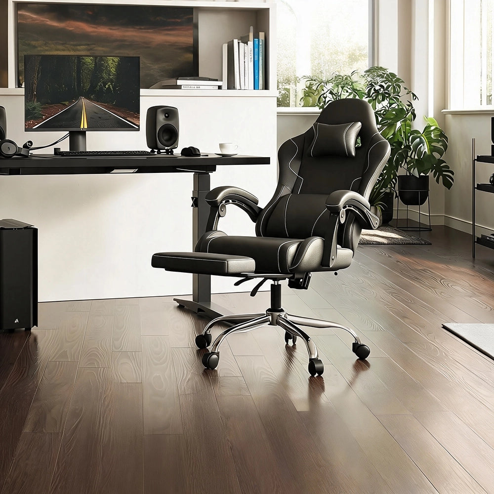 Sedia Gaming DOWINX Nera con Poggiapiedi; Schienale 150°; Supporto Lombare e Portata 150 kg