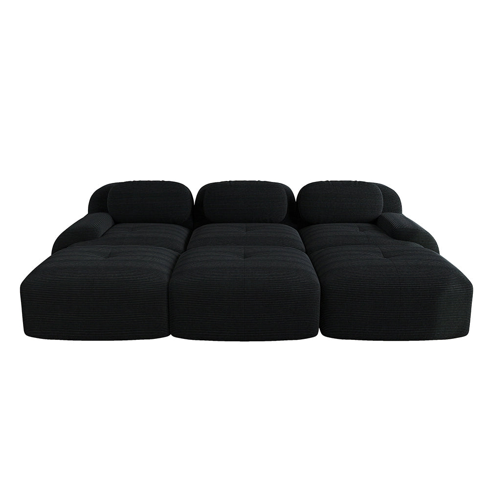 Set divano 3 posti + 3 pouf - Xylo - Velluto costato, braccioli XL, imbottitura 32D, nero
