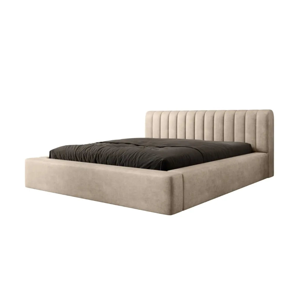 Letto contenitore CERVIN – Velluto morbido Nude Sablé – 180x200 cm – Rete sollevabile – Design elegante