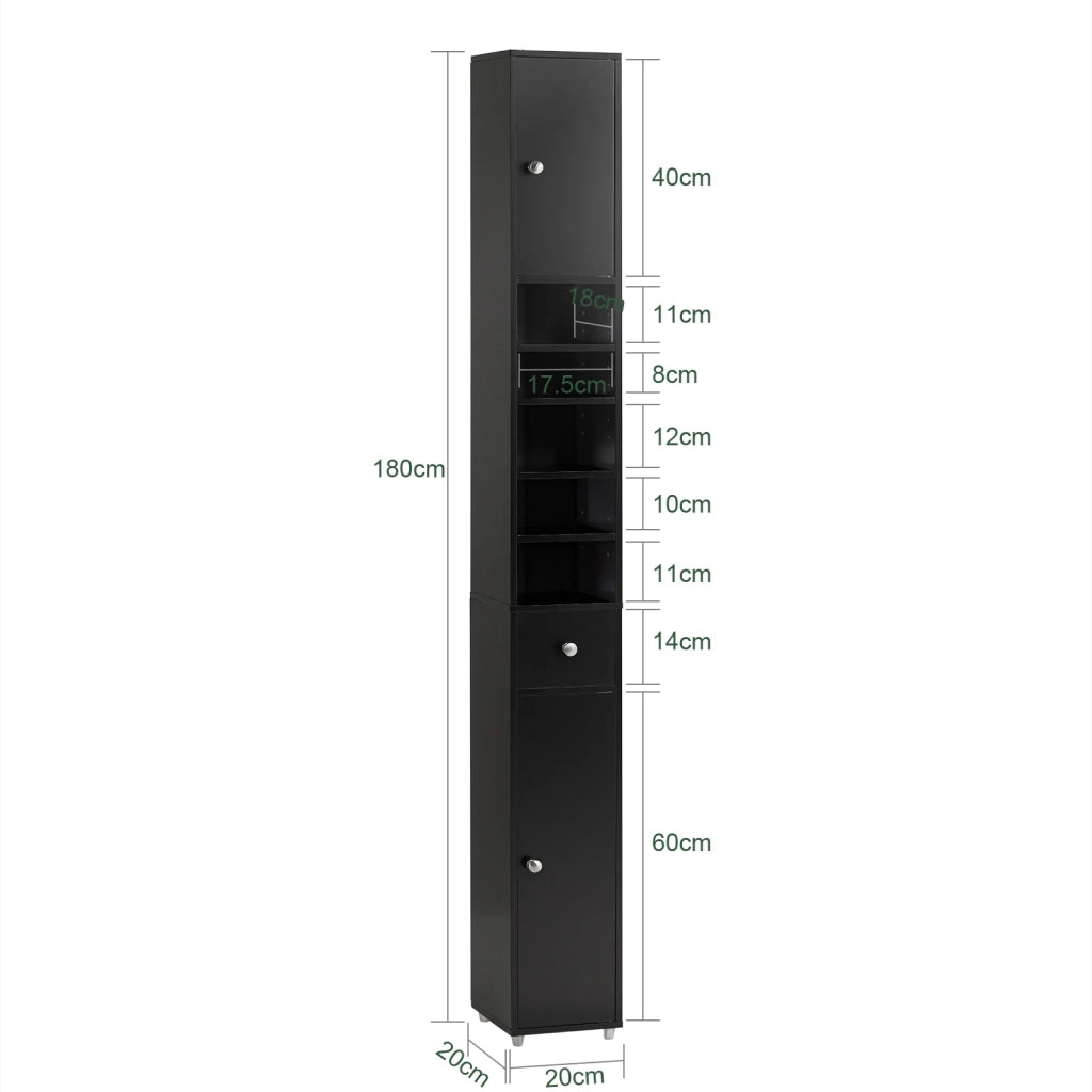 Armadio Colonna bagno, Mobile bagno alto con 2 Ante e 1 cassetto altezza: 180 cm Nero BZR34-SCH