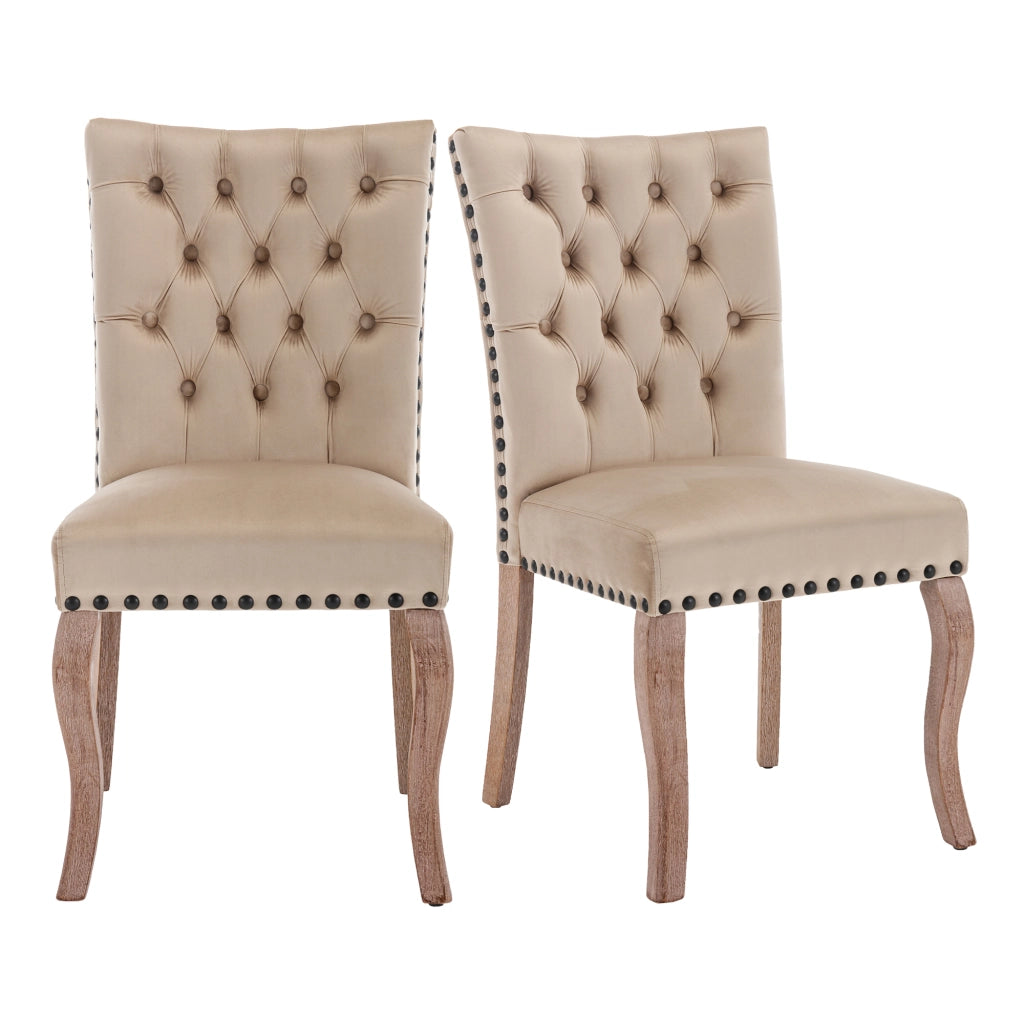 Sedia da Pranzo Imbottita in Velluto ¨C MINIMAL ¨C Beige Chiaro, Gambe in Legno Massello, Set 2 Pezzi