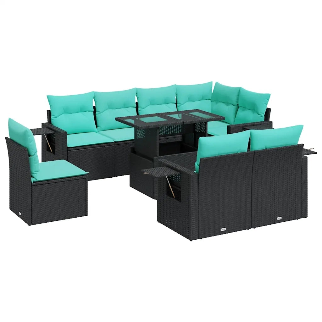 Set Divani da Giardino 9 pz con Cuscini Nero Polyrattan Acacia 3326498