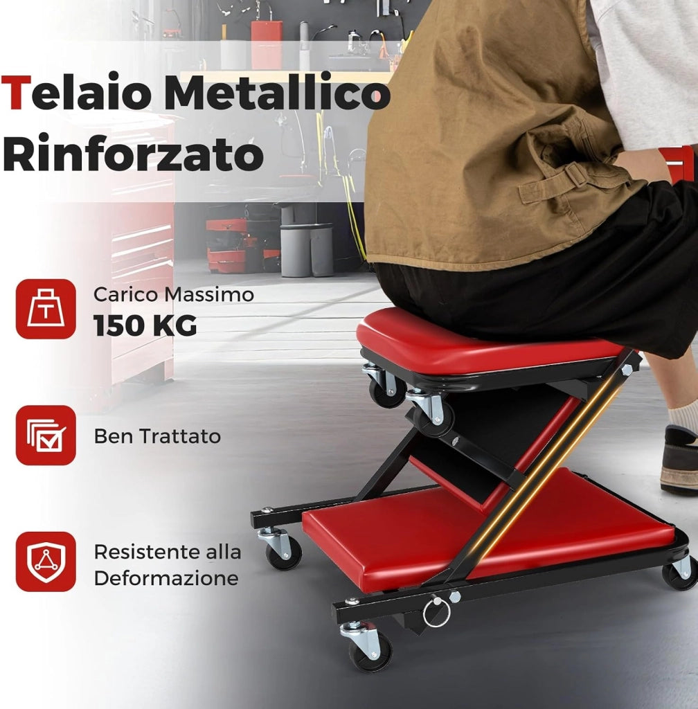 COSTWAY 2 in 1 Sgabello da Officina a Forma di Z, Carrello Meccanico sotto Auto con Sedile Imbottito e Ruote Girevoli a 360°, Portata 150 kg, per Garage e Officina (Rosso)