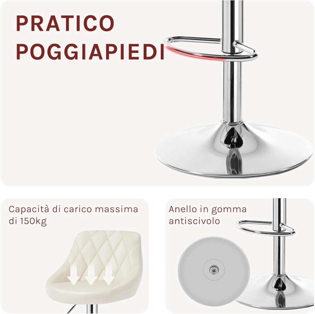Sgabello da Bar Moderno Girevole Sedia Cucina Alta con Schienale Quadrato Poggiapiedi Senza Braccioli Altezza Regolabile in PU Crema 1 Pezzo