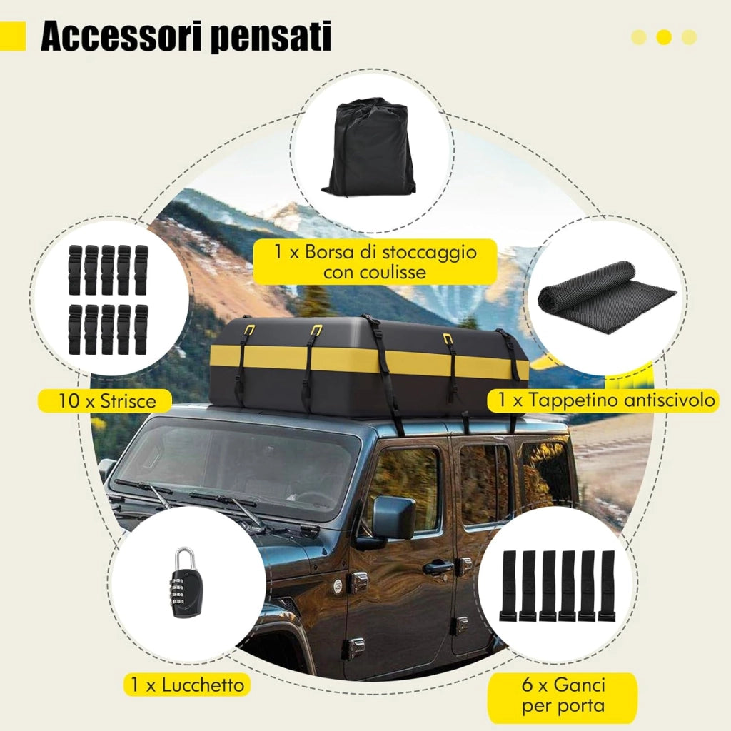 Borsa da Tetto per Auto Impermeabile 21Cu.Ft/595L, Box Tetto Universale con Tappetino Antiscivolo+ 10 Cinghie+ 6 Ganci, Sacca per Auto con/senza Barre Portapacchi(Giallo)