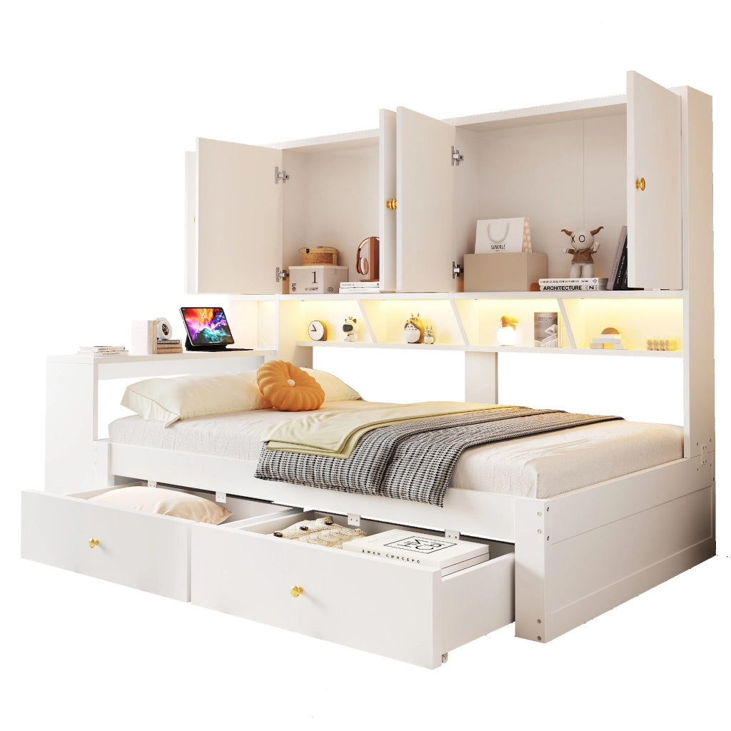 Letto multifunzione 90 x 200 cm con scrivania; cassetti; LED e prese; bianco