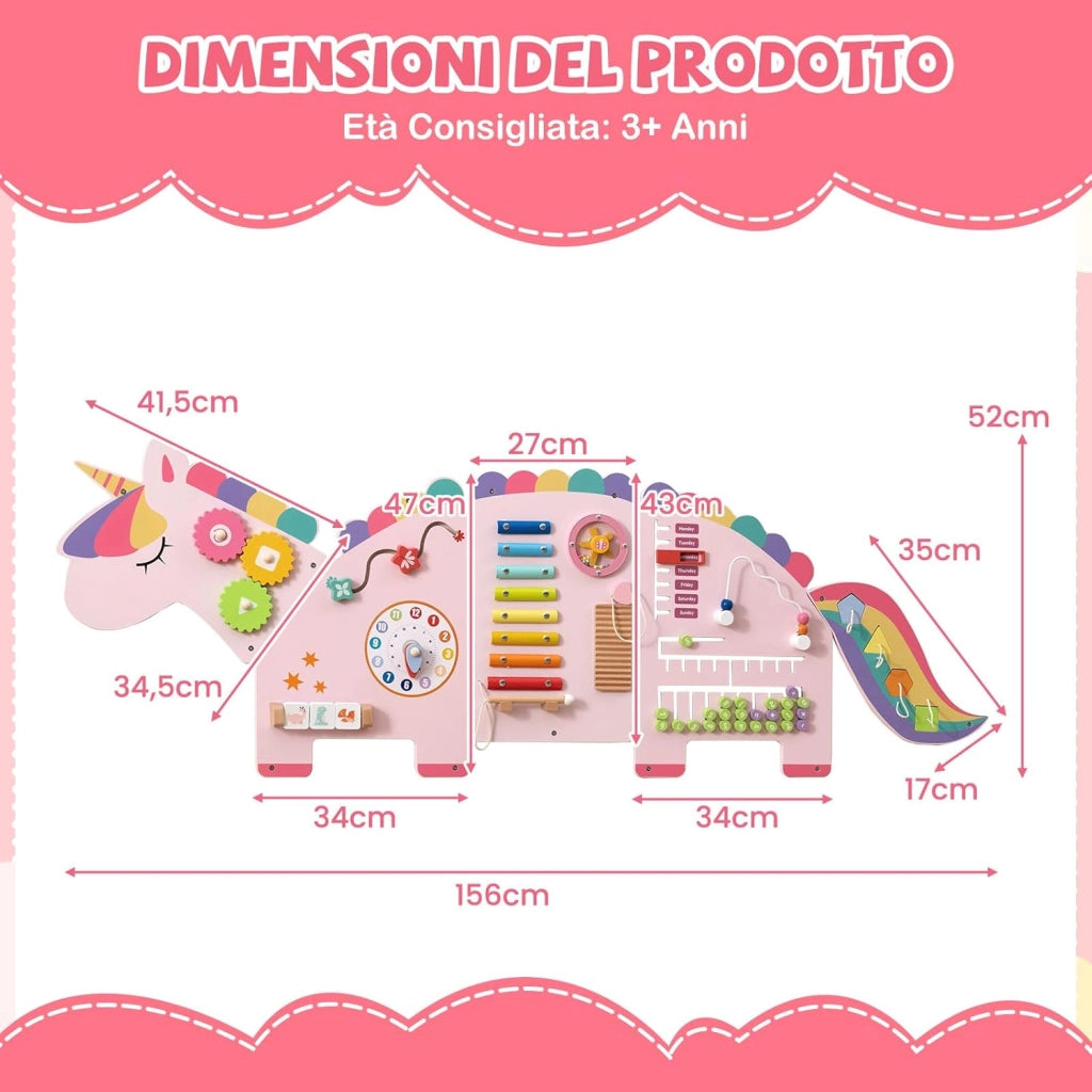 Pannelli da Parete con attività, Busy Board 11 in 1 Montessori in Legno per Sviluppo Sensoriale, Centro di attività Educativo Montato a Parete per Stanza Giochi, Asilo Nido (Unicorno)