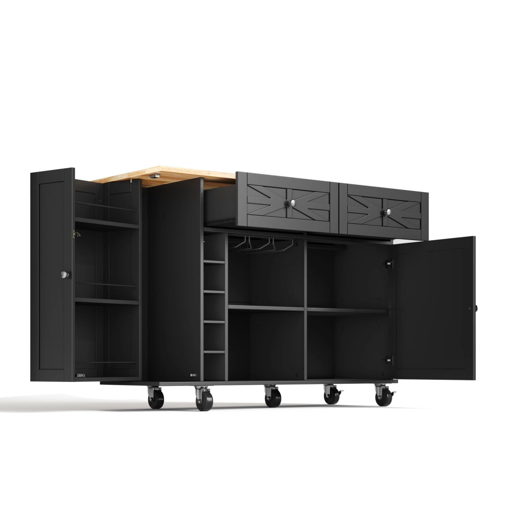 Carrello isola cucina 120x45(70)x89 cm con piano pieghevole in MDF nero