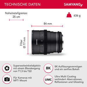 Obiettivo grandangolare per cinema e video MF 24mm T1,5 VDSLR MK2 MFT – luminosità T1,5 per MFT Mount, Lunghezza focale fissa, full-frame e APS-C, risoluzione 8K