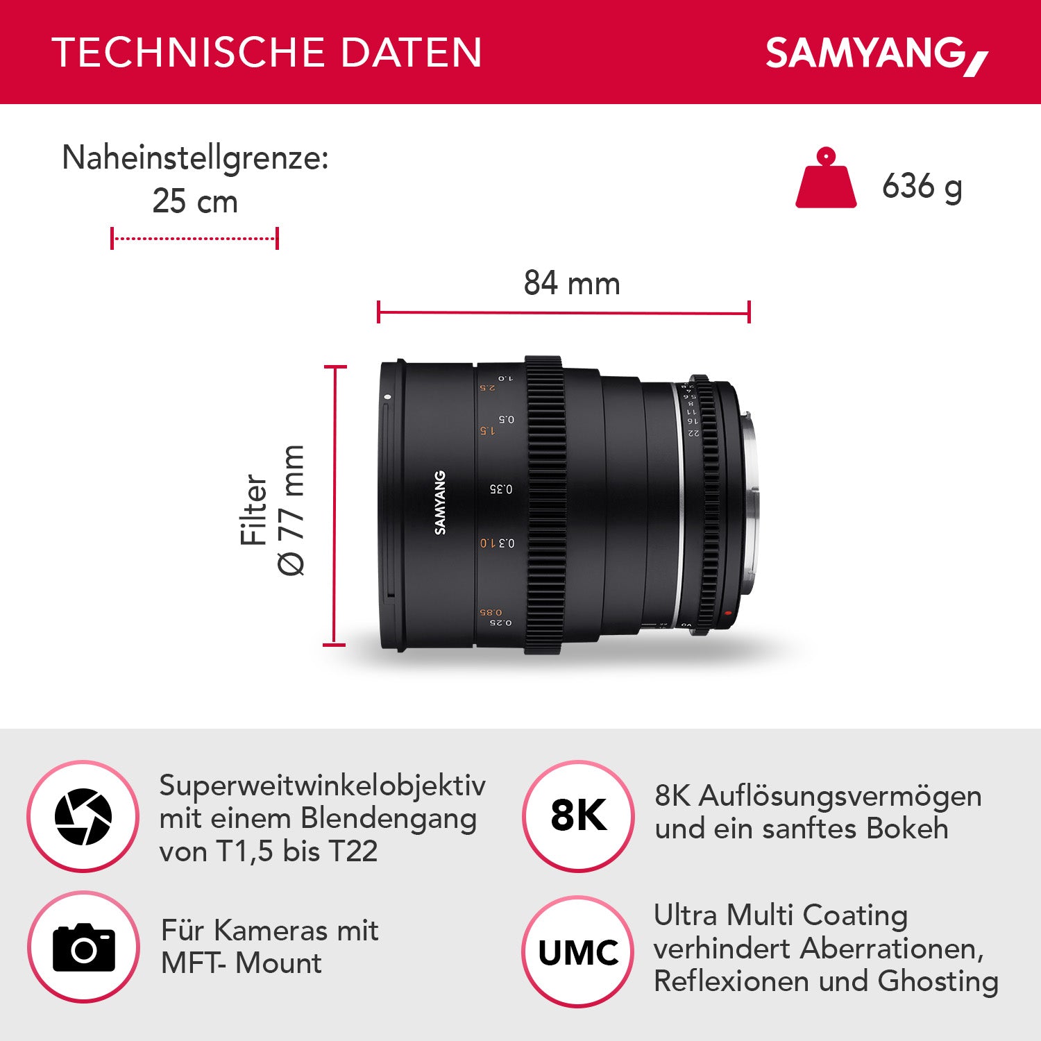 Obiettivo grandangolare per cinema e video MF 24mm T1,5 VDSLR MK2 MFT – luminosità T1,5 per MFT Mount, Lunghezza focale fissa, full-frame e APS-C, risoluzione 8K