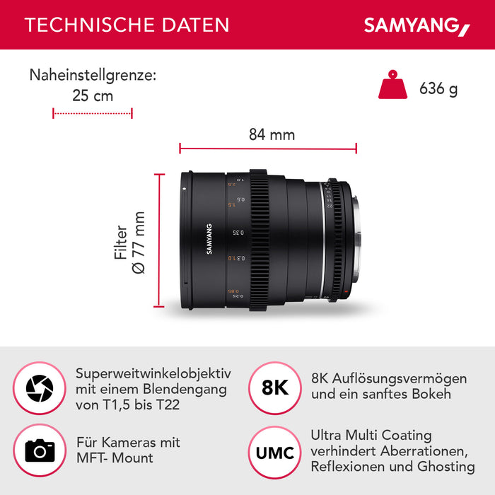 Obiettivo grandangolare per cinema e video MF 24mm T1,5 VDSLR MK2 MFT – luminosità T1,5 per MFT Mount, Lunghezza focale fissa, full-frame e APS-C, risoluzione 8K