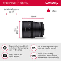 Obiettivo grandangolare per cinema e video MF 24mm T1,5 VDSLR MK2 MFT – luminosità T1,5 per MFT Mount, Lunghezza focale fissa, full-frame e APS-C, risoluzione 8K