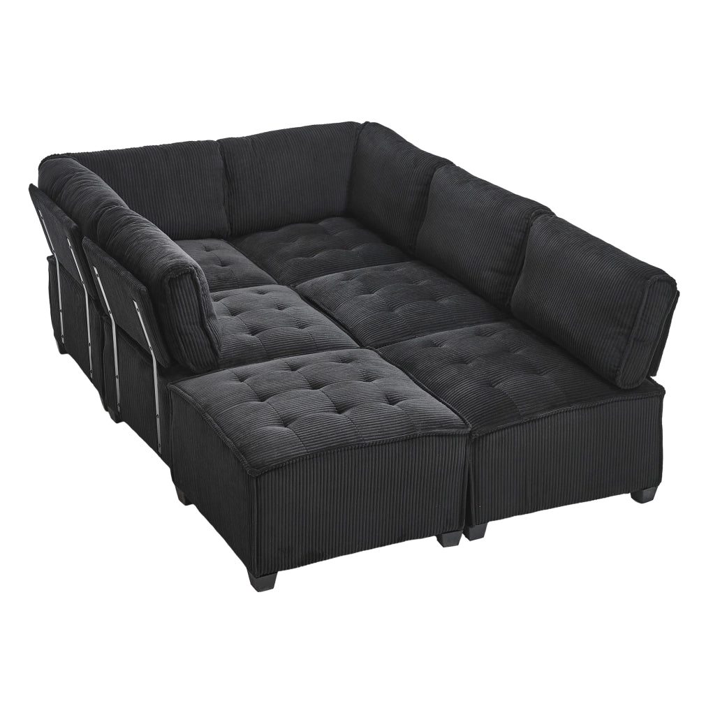 Divano modulare 6 posti 308 cm; velluto a coste nero; configurazione U/L e funzione letto