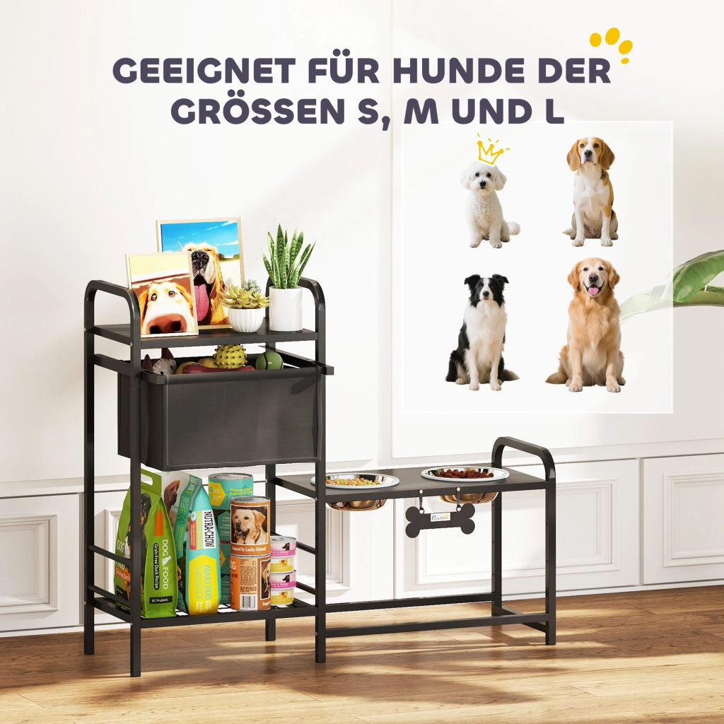 Ciotola per Cani Regolabile in Altezza con Contenitore ¨C zephmum ¨C 89.5x27x74 cm Nero