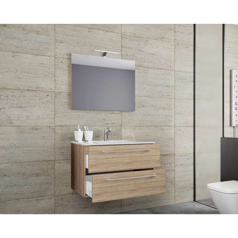 Completo di Ezooza Mobile Sospeso con 2 cassetti Extra Large con lavabo in ceramica di alta qualità e specchio, Rovere Sonoma ,
