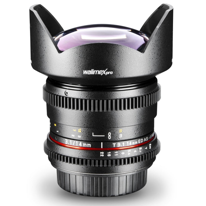 Walimex Pro 14mm 1:3.1 obiettivo VDSLR per foto e video (incluso paraluce fisso, IF, ghiera ingranaggi, apertura e messa a fuoco continua, grandangolo) per obiettivo Nikon F baionetta nera