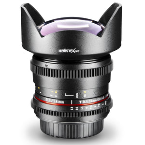 Walimex Pro 14mm 1:3.1 obiettivo VDSLR per foto e video (incluso paraluce fisso, IF, ghiera ingranaggi, apertura e messa a fuoco continua, grandangolo) per obiettivo Nikon F baionetta nera