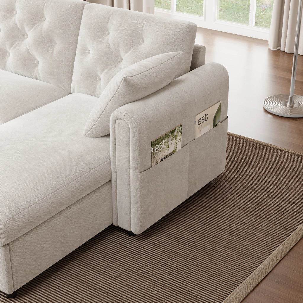 Divano angolare convertibile con vano contenitore e tasca laterale in velluto beige 281 × 132 × 86 cm