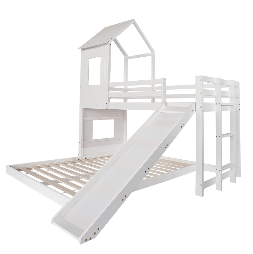 Letto a castello a casetta con scivolo e scala; pino e MDF; bianco; 90x200 e 140x200 cm