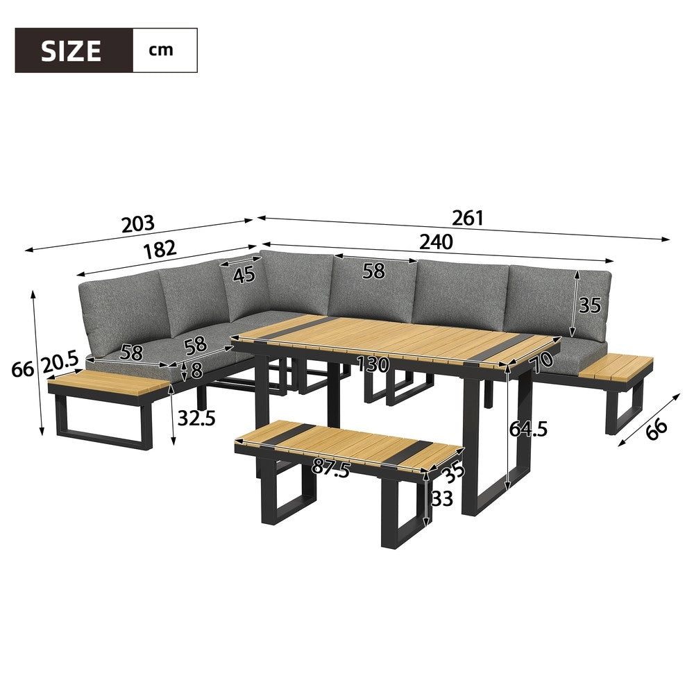 Set da giardino angolare - Zephmum- Grigio e nero, tavolo in legno composito, seduta regolabile