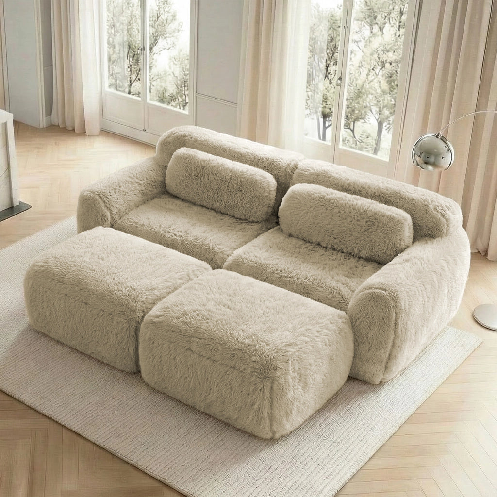 Divano Modulare 2 Posti con 2 Pouf Senza Montaggio Comfort Nuvola Seduta Ampia Base Antiscivolo in Peluche Beige Chiaro