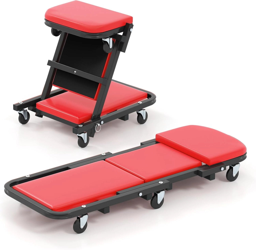 COSTWAY 2 in 1 Sgabello da Officina a Forma di Z, Carrello Meccanico sotto Auto con Sedile Imbottito e Ruote Girevoli a 360°, Portata 160 kg, per Garage e Officina (Nero)