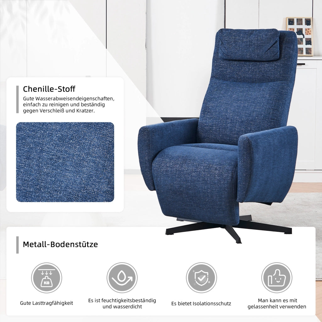 Poltrona Relax Reclinabile con Poggiapiedi ¨C MINIMAL ¨C Velluto Blu, Girevole, Soggiorno