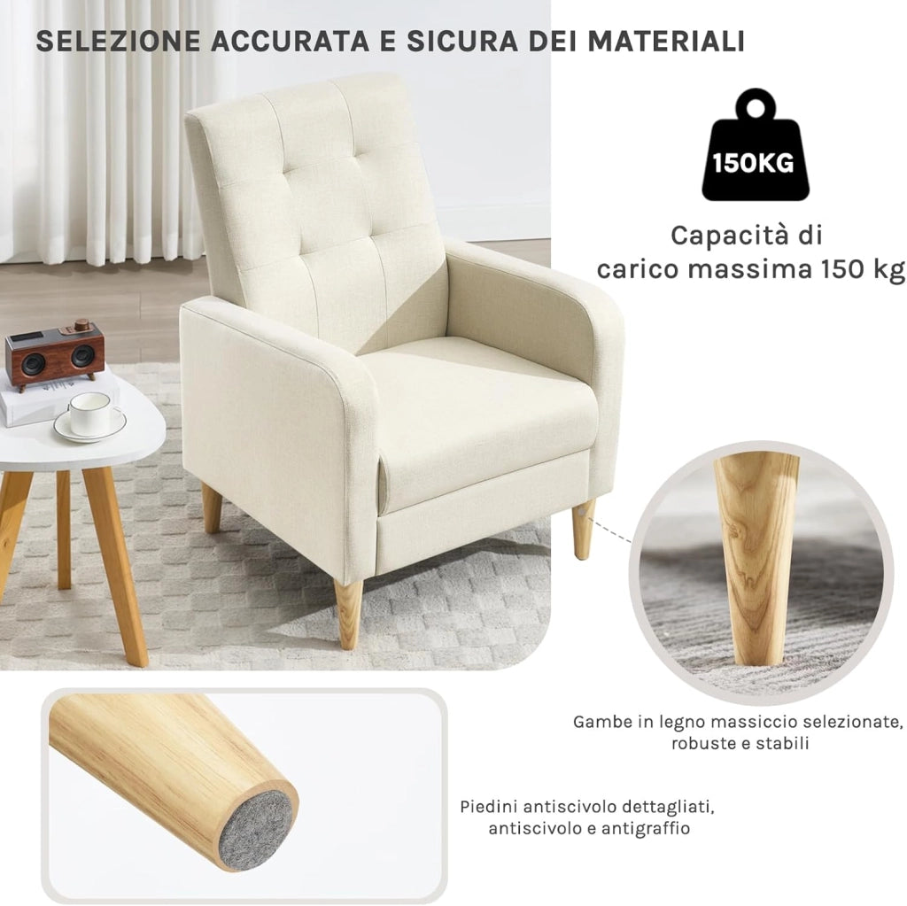 Poltrona da Salotto, Poltrona Relax con Schienale Alto, Sedia di Relax con Pieno Legno Massello Piedi, Seduta Imbottita, Rivestimento in Lino, per Salotto, Ufficio, Beige, SKS41be