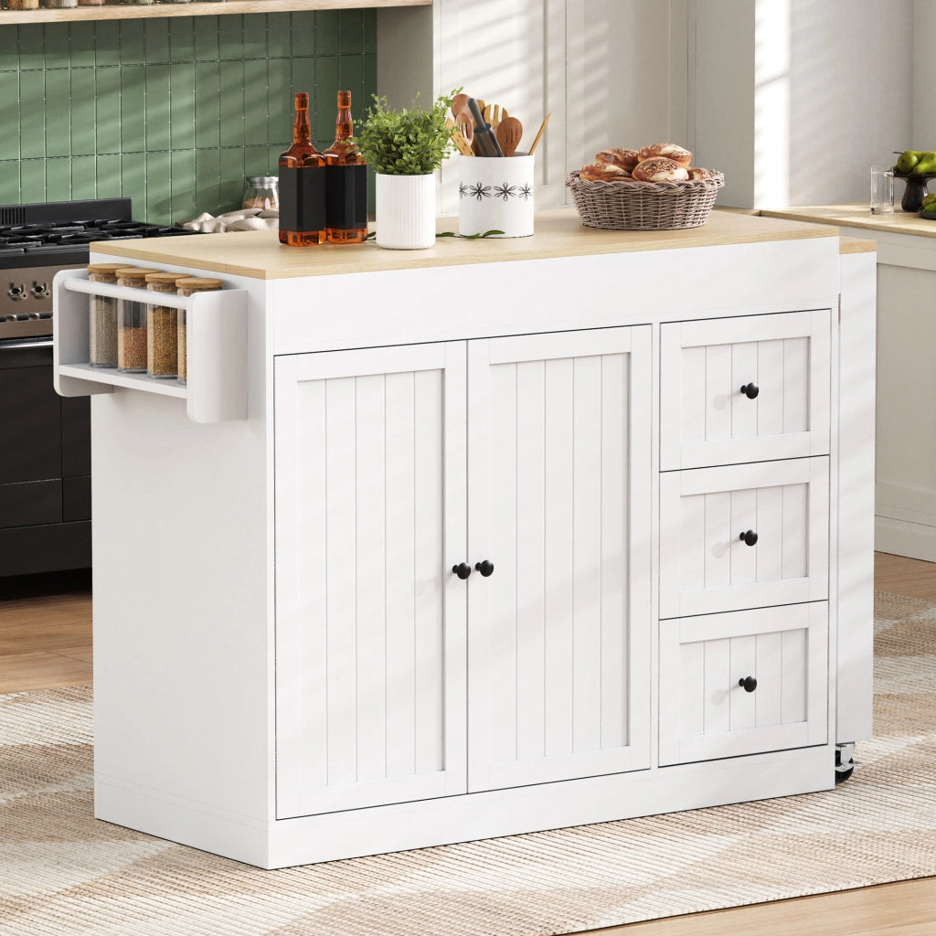 Isola da Cucina con 3 Cassetti; Portaspezie e Piano Estensibile con Ruote; in MDF; Bianco; 112-186.8 x 45 x 93 cm