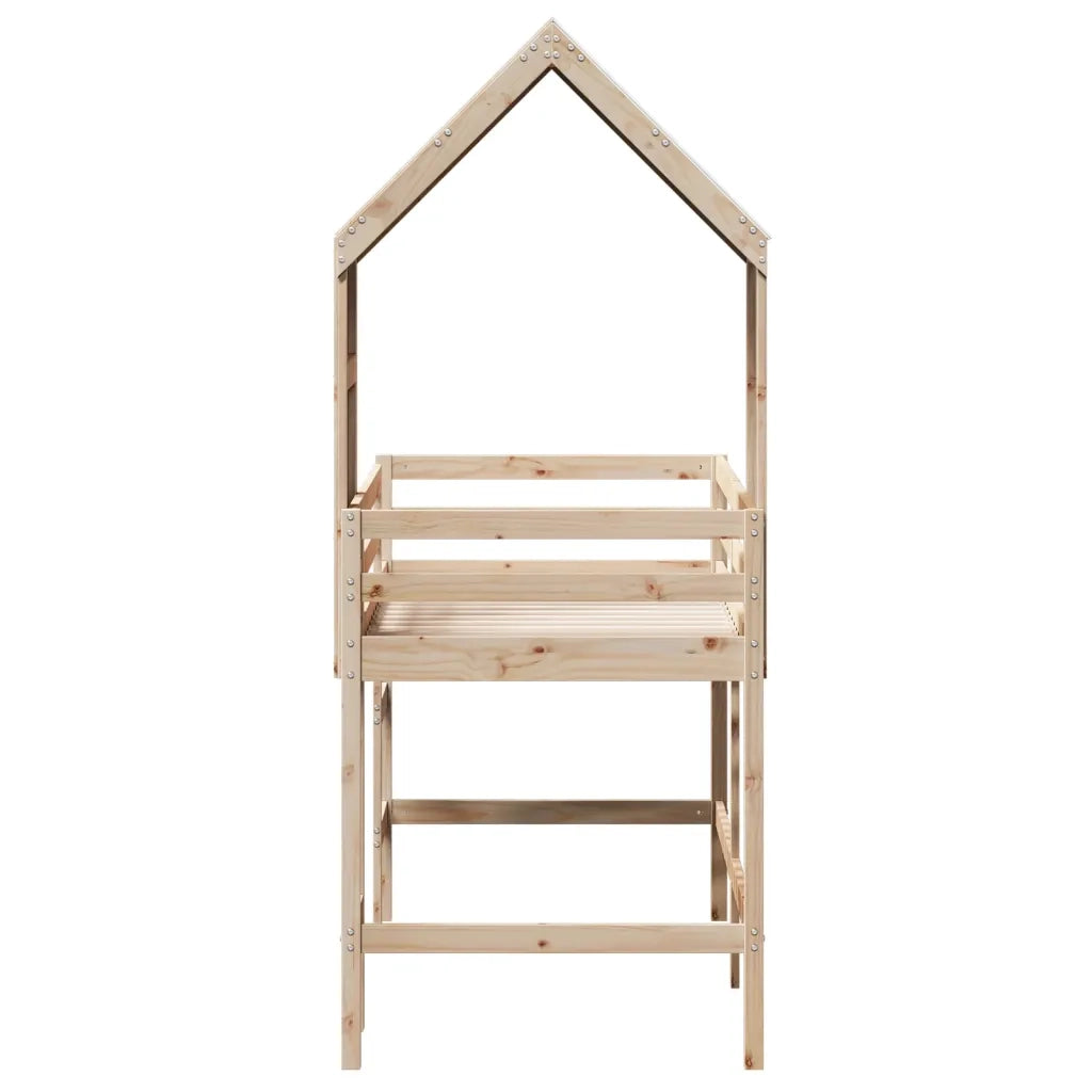 Letto singolo | Letto per adulti | Letto Soppalco con Scala e Tetto 90x190 cm Legno Massello Pino