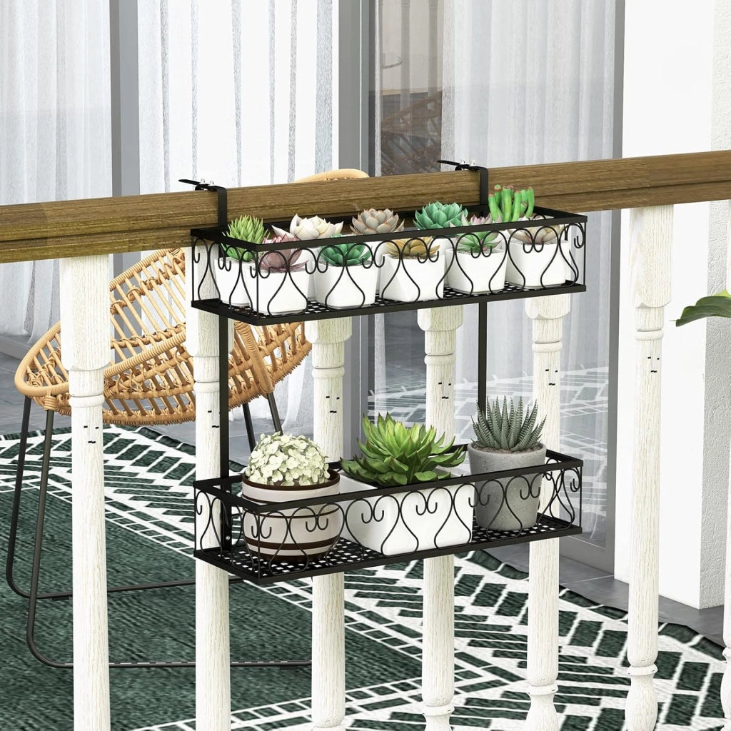 Porta Piante a 2 Livelli, Portavasi da Appender con Ganci Regolabili da 5,5-12,5 cm, Porta Fiori in Metallo da Esterno per Balcone e Recinto, Carico Massimo 30kg, Nero