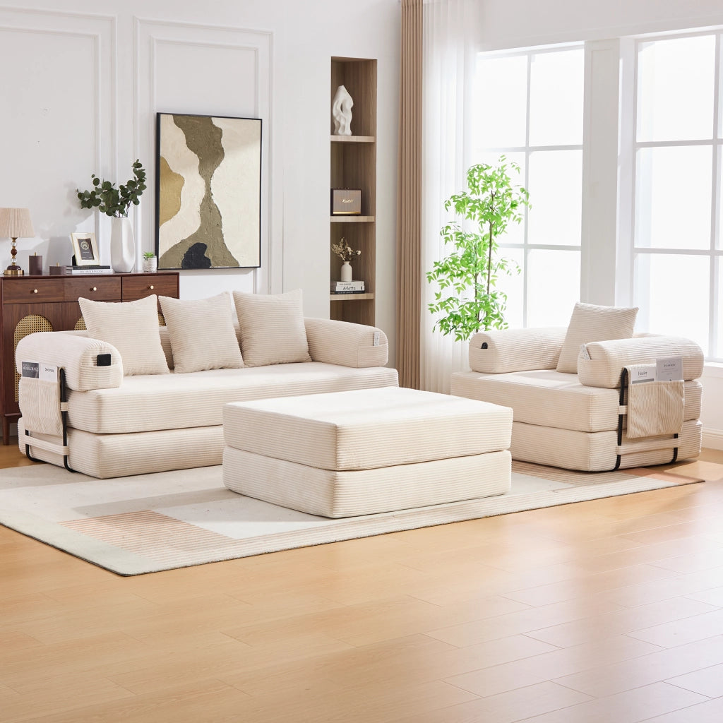 DIVANO modulare in velluto a coste beige con pouf