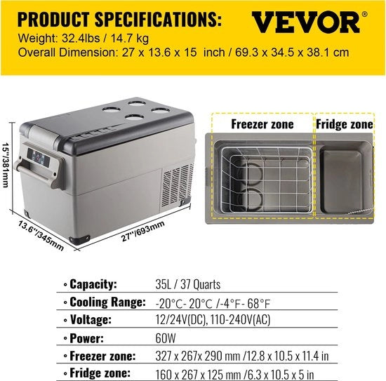 Scatola Frigorifera Elettrica - Scatola Frigorifera Auto - Scatola Frigorifera 12v/24v 110v/230v - 69x35x38cm - 35L