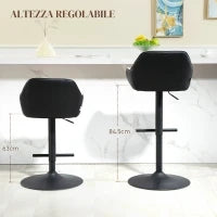 Set 2 Sgabelli Imbottiti ad Altezza Regolabile con Schienale e Braccioli, 52.5x53x86.5-108 cm, Nero Grigio Chiaro