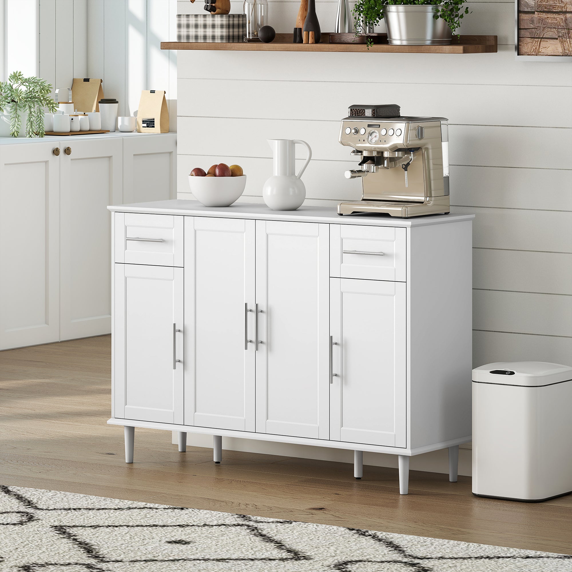 Credenza Buffet Elegante 120x38x86 cm con 2 Cassetti e 3 Armadietti in Legno Bianco