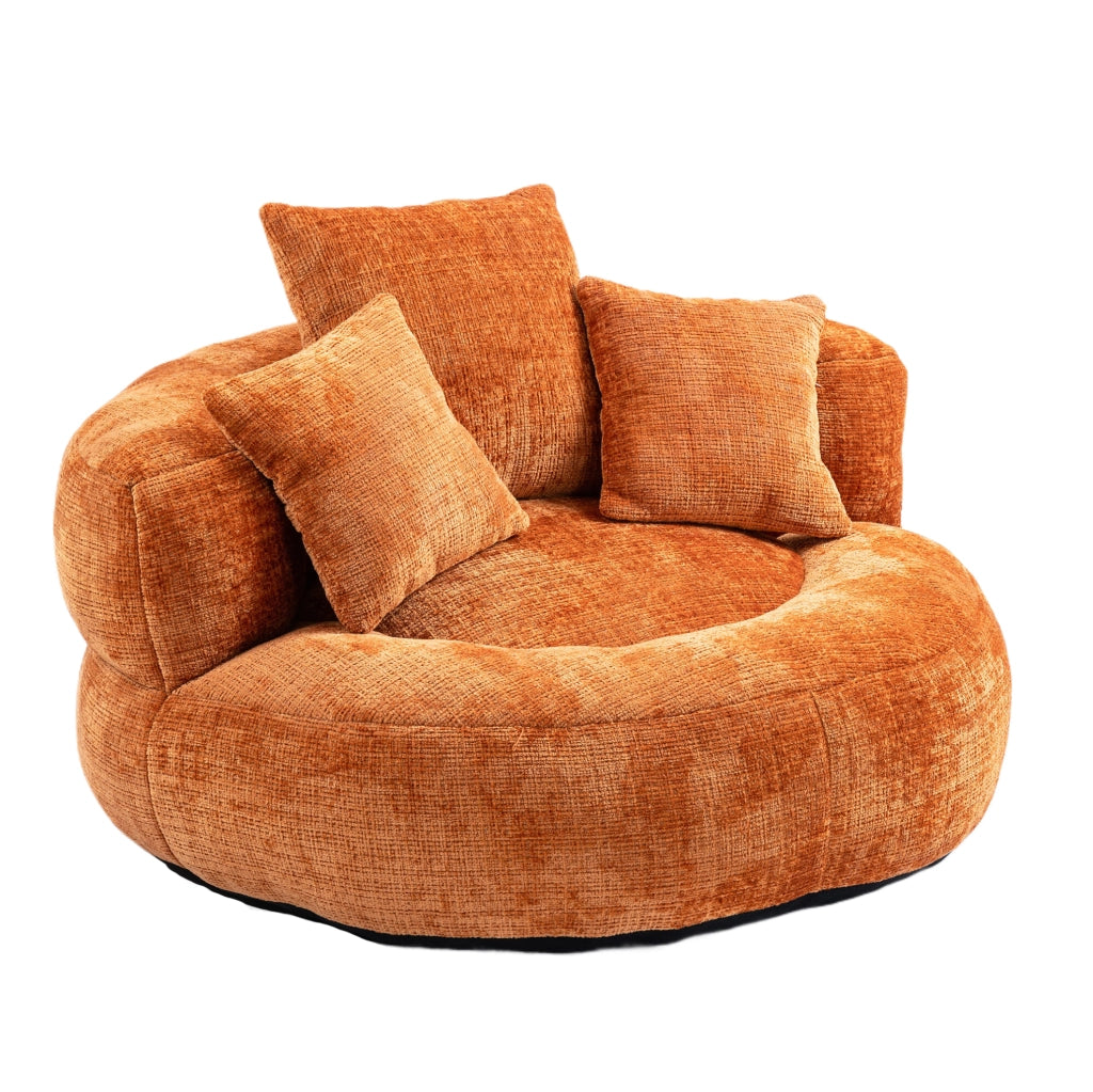 Sedia pouf lazy in chenille arancione 108x108x52 cm; con schienale alto e braccioli