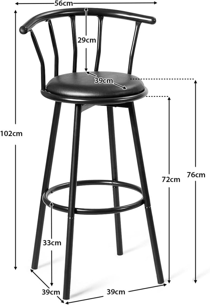 Sgabello Alto, Girevole a 360°, Set di 2 Sedie da Bar con schienale e poggiapiedi, 101,5 x 56 x 55 cm, Portata Massima 150 kg (Nero)