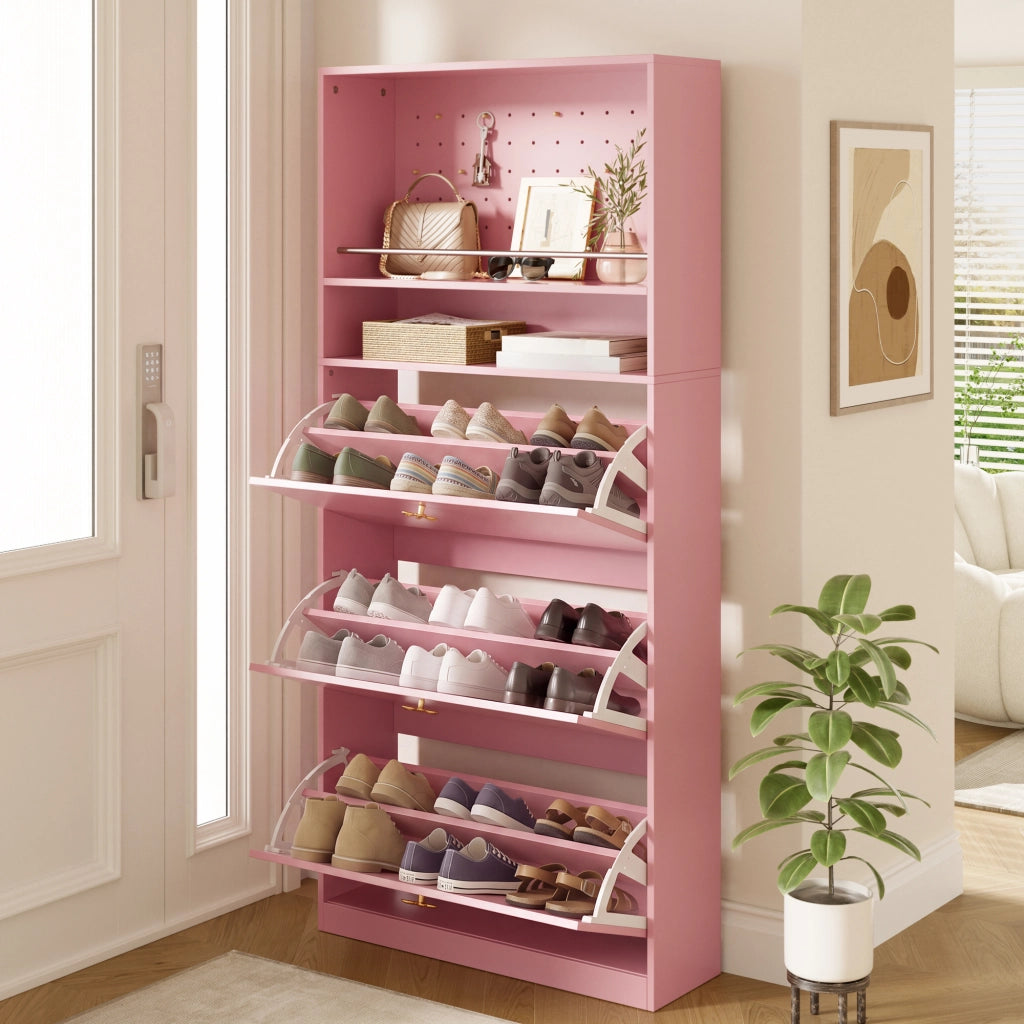 Scarpiera alta e stretta con 3 vani a ribalta, vano aperto superiore e cassetti, colore rosa, 80 ¡Á 24 ¡Á 178,5 cm