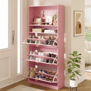Scarpiera alta e stretta con 3 vani a ribalta, vano aperto superiore e cassetti, colore rosa, 80 ¡Á 24 ¡Á 178,5 cm