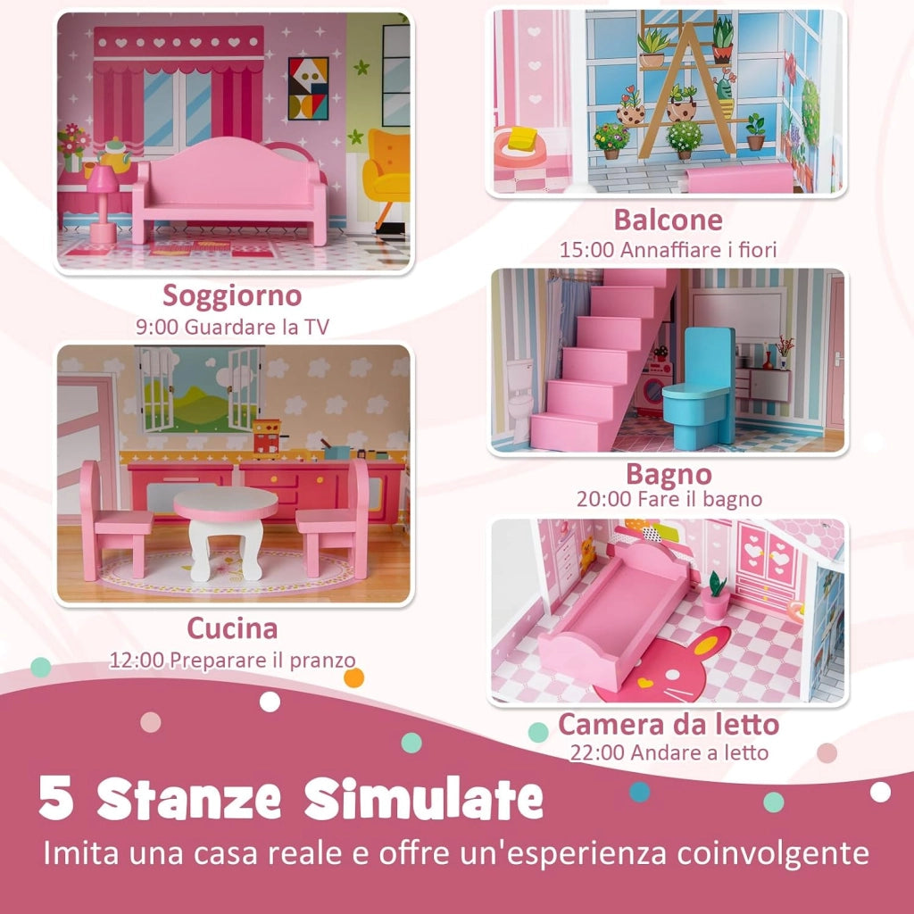 Casa delle Bambole in Legno, Casetta delle Bambini con 5 Stanze e 10 Mobili, 3 Piani, Regalo per Bambini 3+ Anni, 60 x 25 x 70 cm