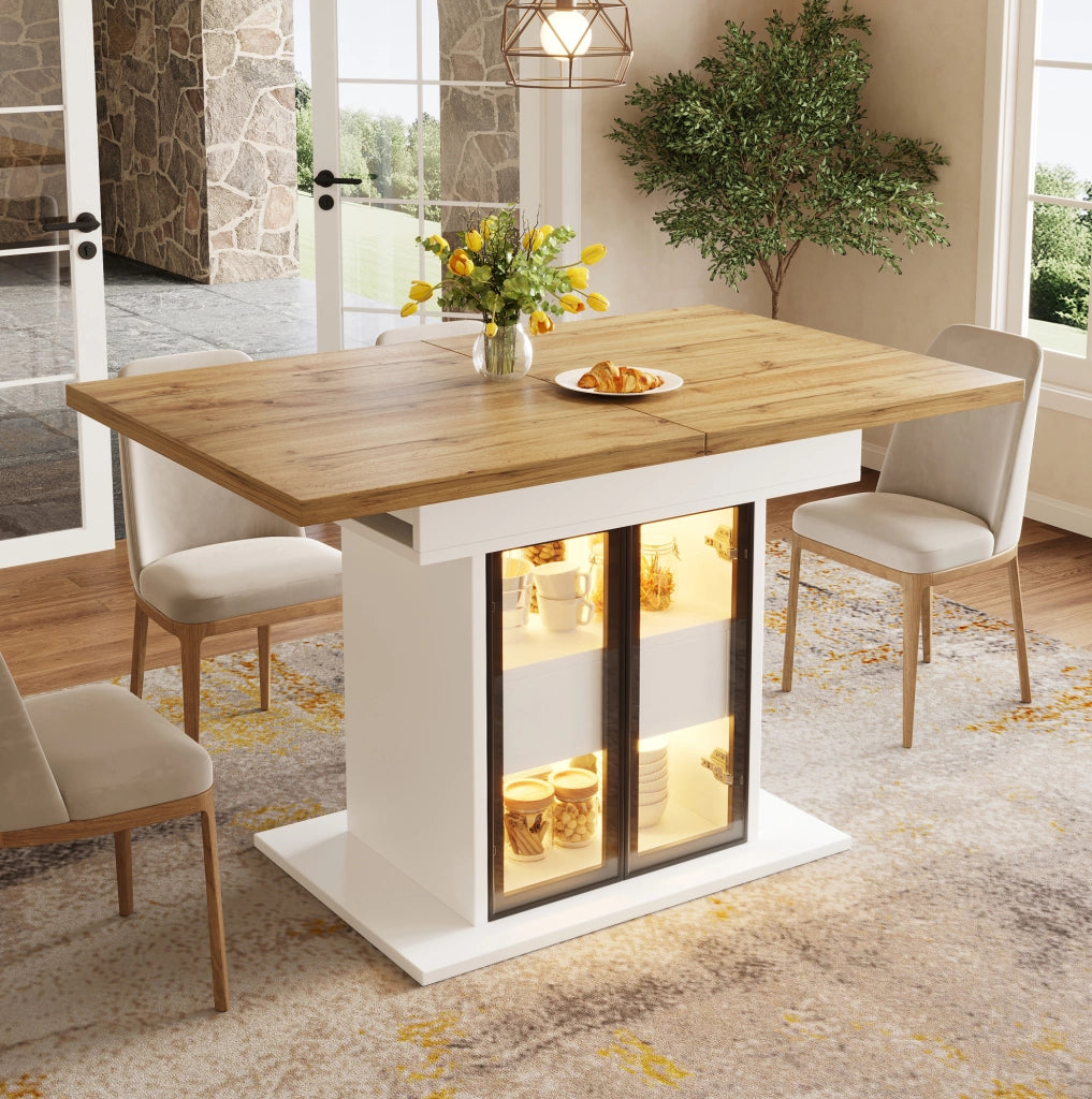 Tavolo da pranzo allungabile 110-140 x 80 cm con contenitore e LED RGB; bianco