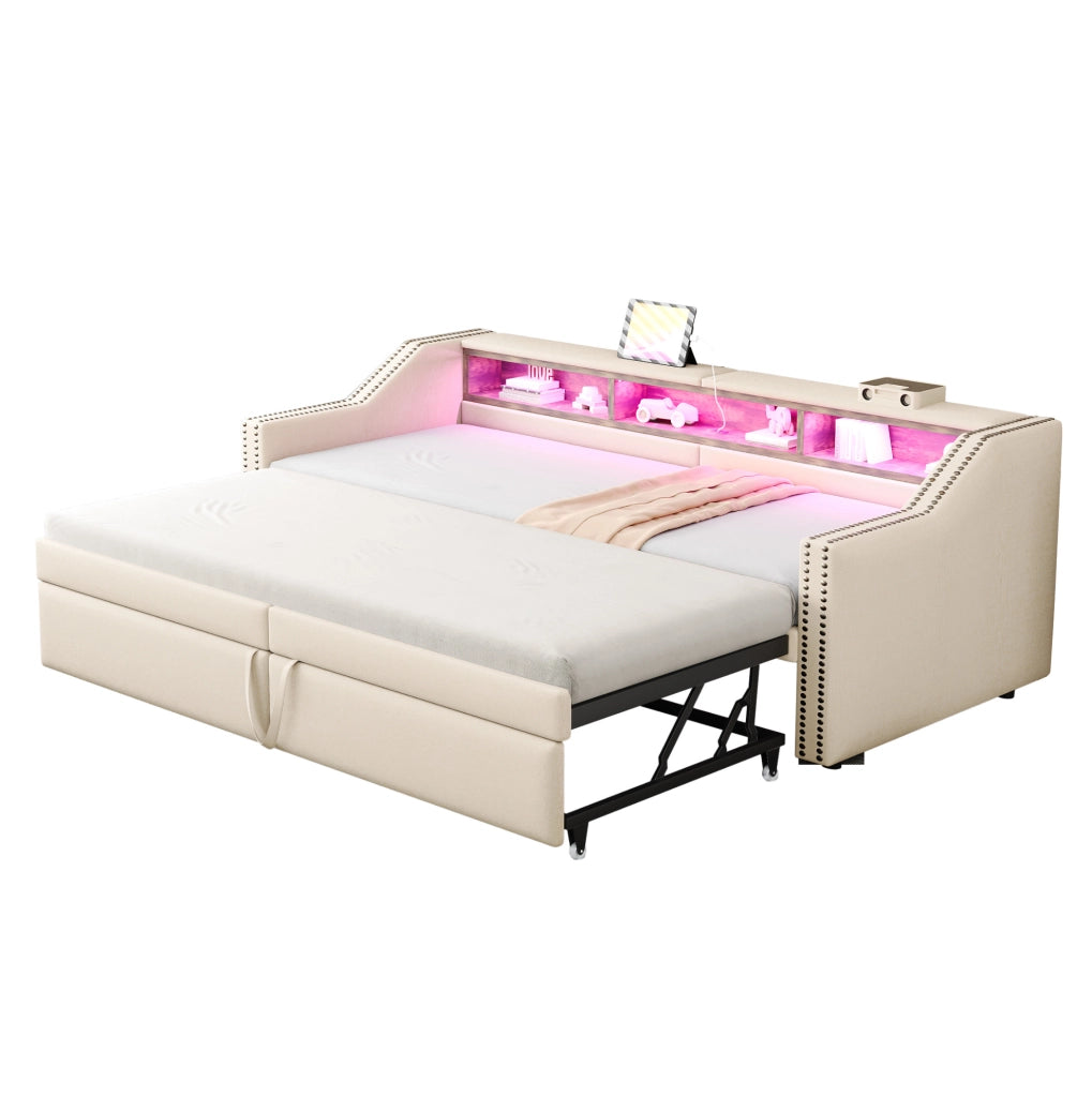 Letto imbottito estraibile 90/180 x 200 cm con LED; USB; contenitore laterale e 2 materassi beige